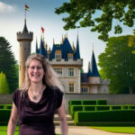 Dorothee steht vor einem fiktiven Schloss; Foto: KI generiert und Fotomontage