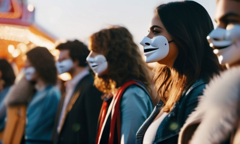 Menschen mit einer Maske im Gesicht stehen in einer Reihe; Foto: KI generiert