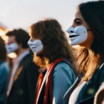 Menschen mit einer Maske im Gesicht stehen in einer Reihe; Foto: KI generiert