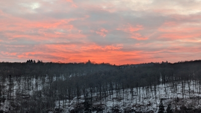 Sonnenuntergang über dem verschneiten Wald, Foto von Dorothee