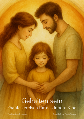 Titelblatt des Booklets mit einem Aquarell einer Familie mit Vater, Mutter und Kind und dem Titel Gehalten sein, Phantasiereisen für das Innere Kind von Dorothee Dickmann