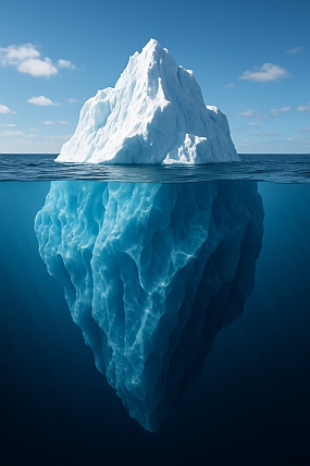 Sichtbar wird bei einem Eisberg nur der obere Teil über Wasser. Hier sieht man das gut: der Eisberg schwimmt im Wasser. Man sieht den kleineren Teil über dem Wasser und den deutlich größeren Teil unter Wasser; Das Bild wurde von ChatGPT erstellt